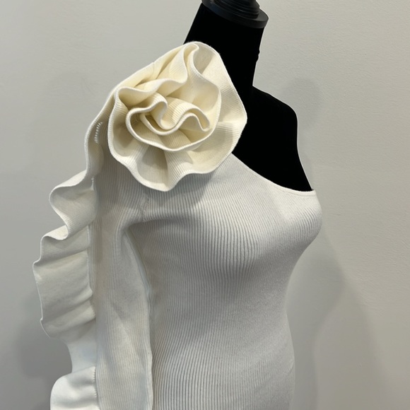 KOROBEYNIKOV KNIT ASYMMETRICAL COUTURE MINI DRESS WITH FLOWER DECOR - Picture 6 of 11